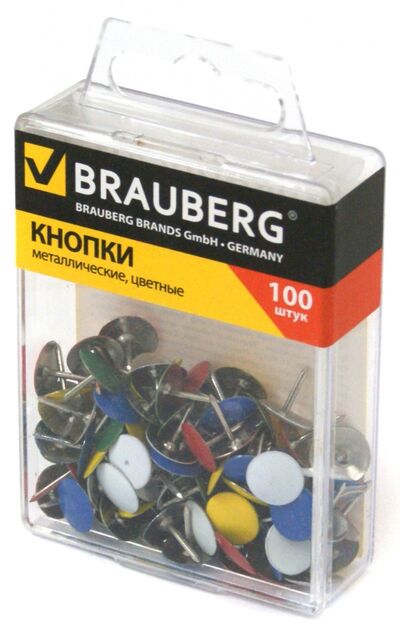 Кнопки канцелярские металлические цветные, 100 штук (221114) Brauberg 