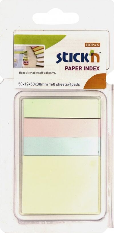Закладки самоклеящиеся бумажные (40 листов, 12x50 мм, 38x50 мм, 4 цвета) (21616) Stickn 