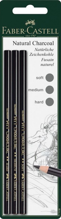 Натуральный уголь-карандаш PITT SOFT MEDIUM, HARD 3шт (117498) Faber-Castell 