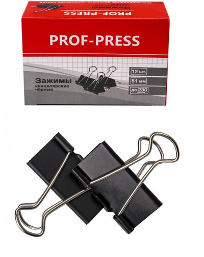 Зажим для бумаг, 51 мм, черный, 12 штук Проф-Пресс 