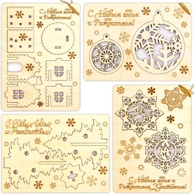 Набор деревянных открыток С Новым годом и Рождеством, 4 штуки Символик 