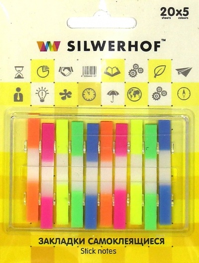 Закладки самоклеящиеся "Mini", 200 шт. Неоновые, 5 цветов, 6х44 мм. (801017) Silwerhof 