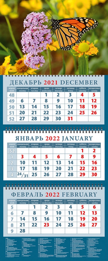 Календарь квартальный на 2022 год "Красивая бабочка на цветке" (14244) День за днём 