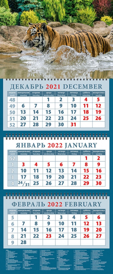 Календарь квартальный на 2022 год "Год тигра. Приятное купание" (14221) День за днём 