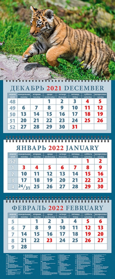 Календарь квартальный на 2022 год "Год тигра. Симпатичный тигренок в прыжке" (14222) День за днём 
