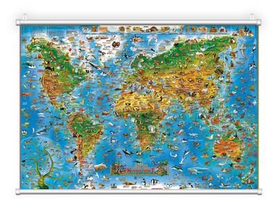 Книга: Детская настенная карта мира с животными, АГТ Геоцентр, 137х97 см, на отвесах, в тубусе