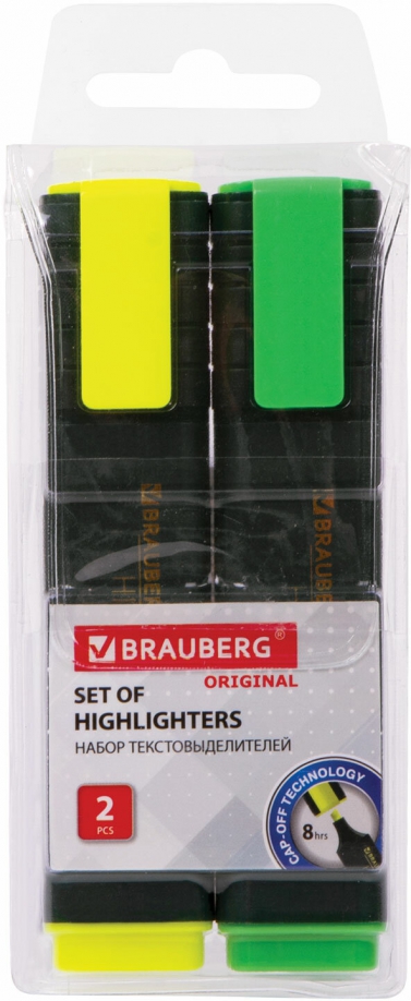 Набор текстовыделителей Brauberg "Original", 2 штуки, цвет желтый, зеленый, линия 1-5 мм 