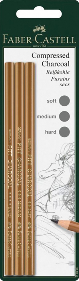 Прессованный уголь-карандаш Pitt Monochrome, soft, medium, harв, 3 штуки Faber-Castell 