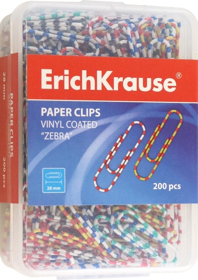 Скрепки металлические с виниловым покрытием Zebra, 28 мм, 200 штук, ассорти Erich Krause 