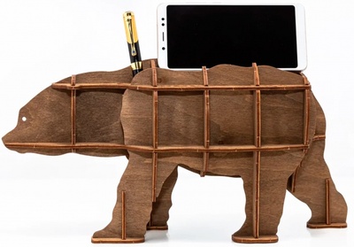 Настольный органайзер Медведь, коричневый. Сборная деревянная модель Eco Wood Art 