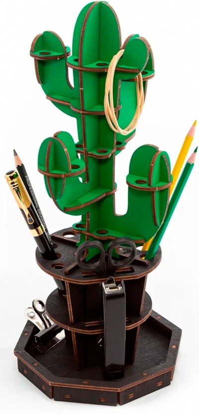 Настольный органайзер Кактус, зеленый. Сборная деревянная модель Eco Wood Art 