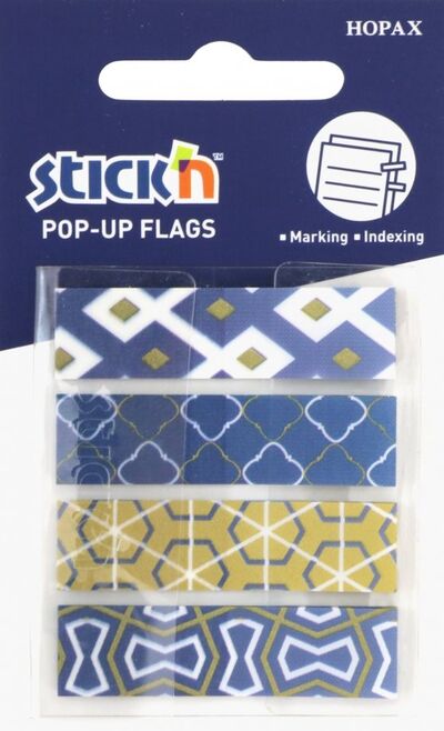 Закладки самоклеящиеся пластиковые "Pop-Up" (20 листов, 42х15 мм, 4 цвета, синие узоры) (26084) Stickn 