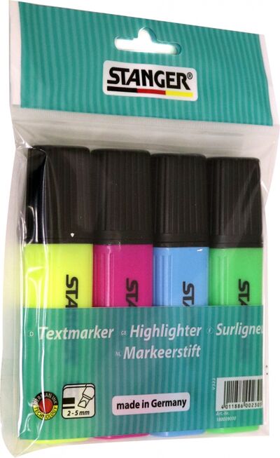Набор текстовых маркеров, 4 цвета, скошенный наконечник 1-5 мм. (180009000) Stanger 