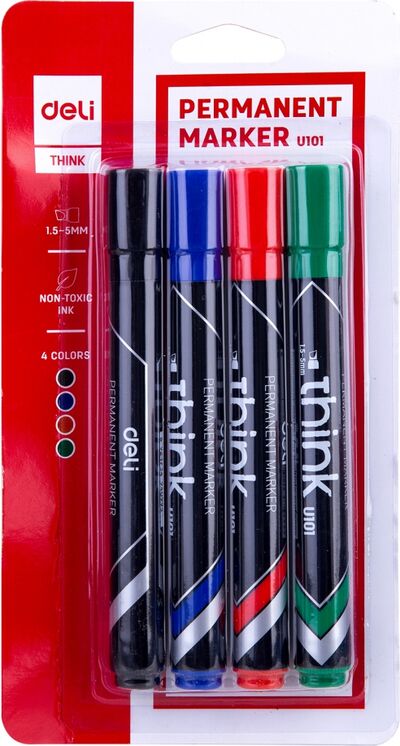 Набор маркеров перманентных 4 цвета, скошенный наконечник Think (EU10101) DELI 
